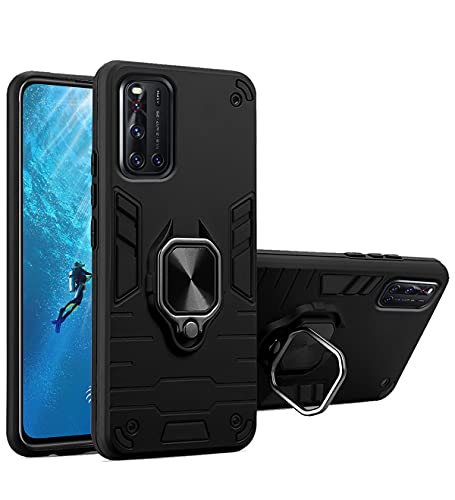 Image of Pikkme D5 Tough Armor Bumper Back Cover Case for Vivo V19 |Ring Holder & Kickstand in-Built (Black)