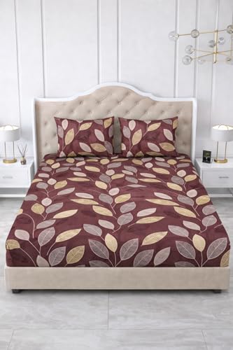Image of 300 TC Cotton Feel Glace Cotton Elastic Fitted Bedsheet for King Size Double Bed | Fits up to 8 Inch Mattress | Printed Bedsheet with 2 Pillow Covers (WineLeaf, King Size - 72 inchx78 inch)