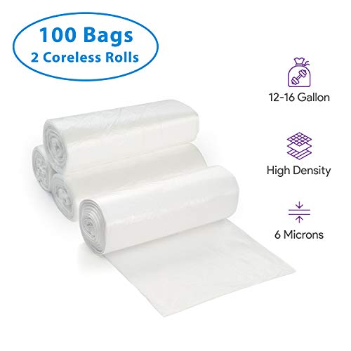 Image of 12-16 Gallon Clear Garbage Can Liners, 100 Count - Medium - Large Trash Can Liners - High Density, Thin, Lightweight, 6 Microns - For Office, Home, Hospital, Wastebaskets - 2 Coreless Rolls
