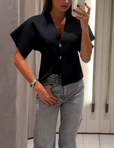 Oversized Short Sleeve Cardigan Sweaters for Women Lightweight V-Neck Knit Button Front Casual Summer Outerwear3