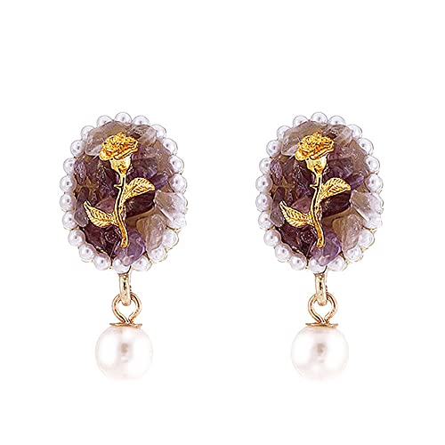YuiteTom Pendientes clásicos en estilo palacio barroco vintage, Pendientes de perlas de la flor de la rosa púrpura, Estilo victoriano S925 pendientes de plata de ley para las mujeres Cover