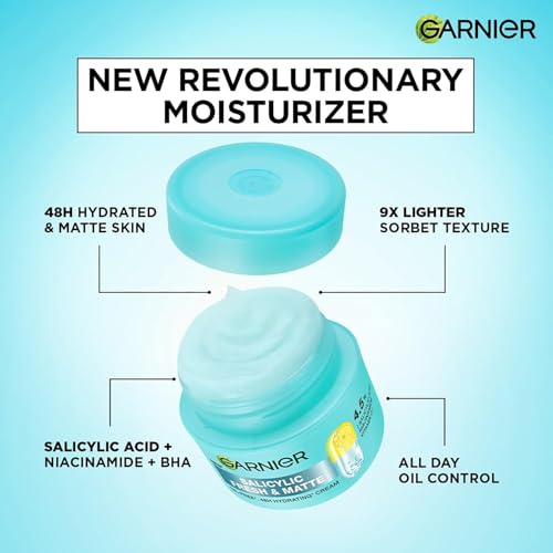 Image of Garnier Fresh & Matte Sorbet Moisturizer Cream, 4.5% of Triple Active Complex, Salicylic Acid + Niacinamide + Vitamin C, 9x Lighter Sorbet Cream, For Hydration & Oil Control, Suitable for Oily to Normal & Combination Skin, 20ml