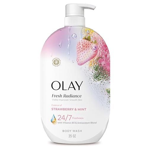 Olay Body Wash for Women, Fresh Radiance, 24/7 Skin-Loving Freshness, Visibly Radiant, Plant Based Cleansers, Vitamin B3 & Antioxidant Blend, For All Skin Types, Strawberry & Mint Scent, 35 fl oz