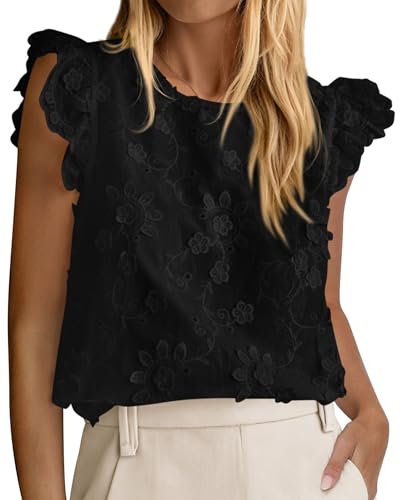 KIRUNDO Blouses for Women Dressy Casual Lace Ruffle Cap Sleeve Tops 2026 Summer Eyelet Floral Embroidered Cute Boho Shirts(Black, XX-Large)