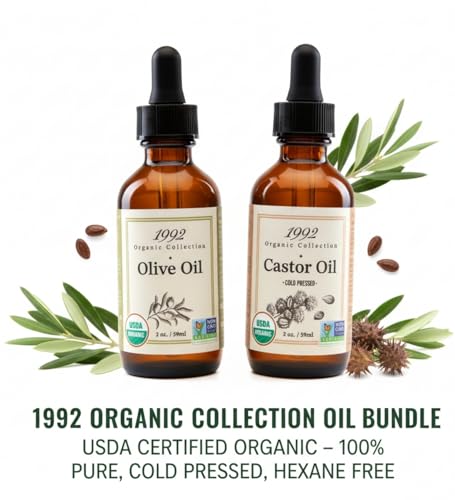 Image of 3x 1992 Organic Castor Oil Glass Bottle 2oz Bundle with Extra Virgin Olive Oil 2oz - Pressed, Organic & Versatile for Hair, Skin, Nails - Nourishes, Supports Daily Beauty Routine - Gift Set (4 Items)