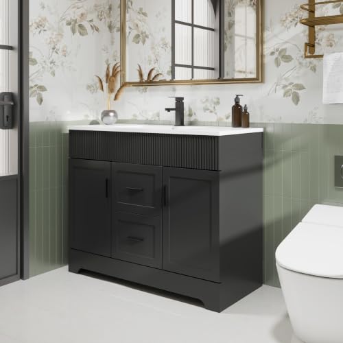 Image of eclife 42 inch Bathroom Vanities Sink Combo with Painted Surface, Modern Drawered Cabinet W /Decorative Wave Lines, Undermount Single White Sink, Matte Black Faucet Drain, Black