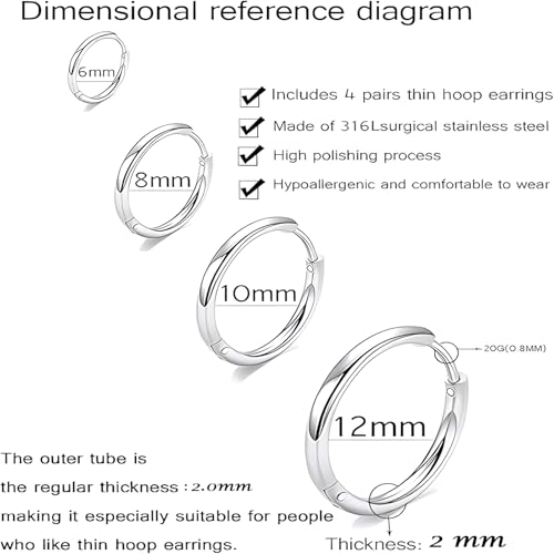 Gabry&Jwl 316L Surgical Stainless Steel Hoop Earrings 6Mm 8Mm 10Mm 12Mm Silver Huggie Earrings Hypoallergenic Cartilage Hoop Earrings Helix Lobes Hinged Sleeper Earrings For Women Men thumb #1