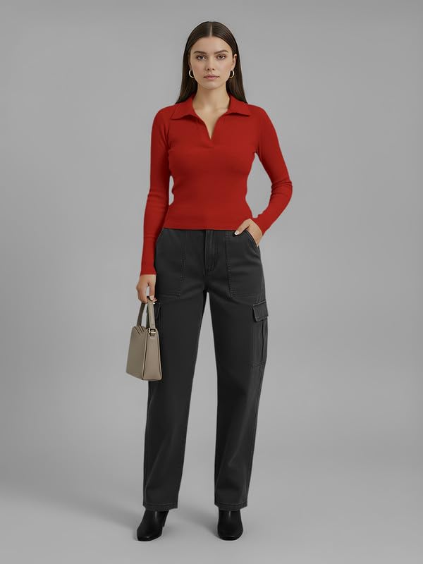 Image of Dream Beauty Fashion Women's Collared Neck Long Sleeve Slim Fit Casual Tee Top for Woman