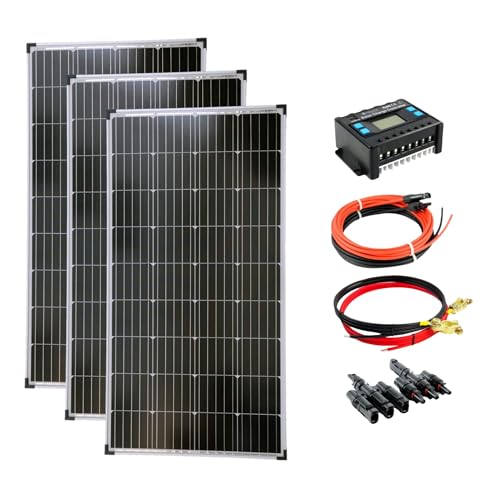 SOLARTRONICS Solar Set: 3x 130W monokristalline Solarmodul + 20A Laderegler blau + PV Kabel + Solarstecker Photovoltaik Inselanlage für Camping, Gärten