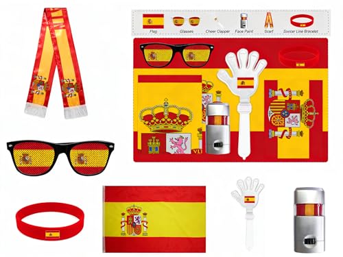 FRoon Spain Fan Set, Complete set with national flag, sunglasses, clap fans, face paint, scarf & wristbands for stadium & public viewing