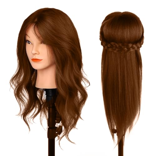 Frisierkopf 100% Echthaar, MYSWEETY Trainingskopf Echthaar Braun für Friseure und Kinder,45.7cm Lang Puppenkopf zum frisieren mit Haare Zubehör und Klein Tisch Halter