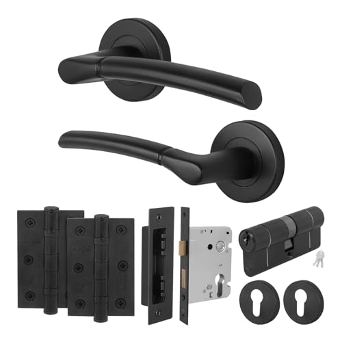 EAI Black Door Handle Euro Lock, Double Cylinder Set, 1 Pair Internal on Rose Matt Black Handle, Lock, Hinges - Bova Range