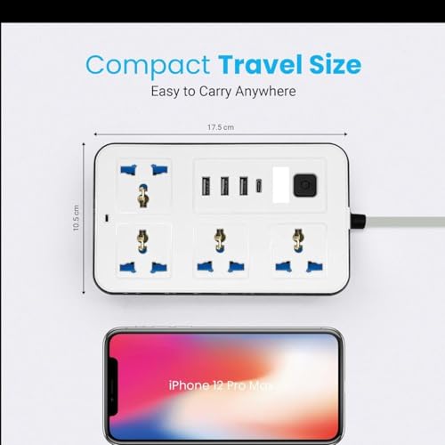 Image of 4 AC Sockets, 3 USB Ports, Type-C Port 2500W Rated Power, 10A Heavy Duty Extension Cord | Surge Protection for Home, Office, Hotels, PC 8-in-1 Power Strip (Black)