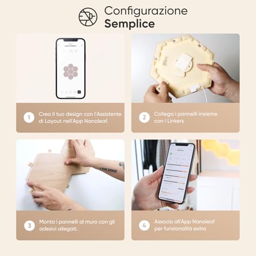 Elements Starter Kit, 7 Esagoni Luminosi LED Effetto Legno Smart - Applique da Parete Interno Modulari, Luci Led Dimmerabile WiFi, Funziona con Alexa, Sincronia Musicale, Decorazioni Casa - Illuminazione - Immagine 5