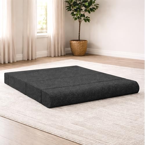 Image of Foldable Three Seater Sofa Bed 5 X 6 Ft Jute Fabric Washable Cover Sofa Cum Bed with Cushions Convertible Sofa Bed for Home (Black Color - Pre-Assembled)