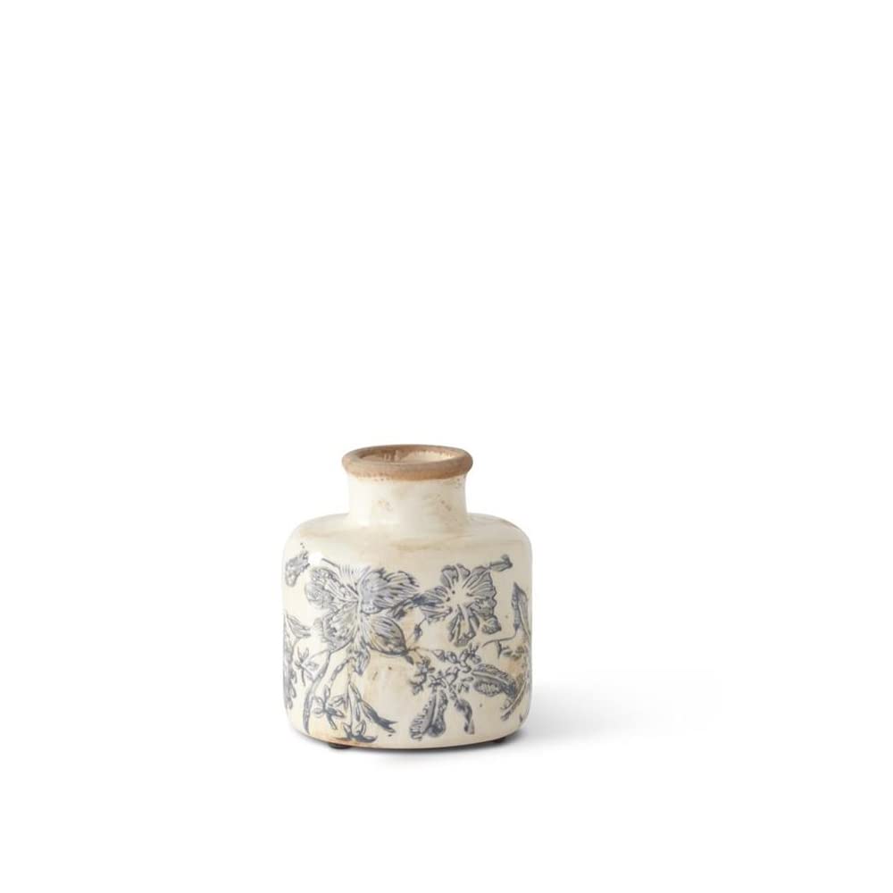 K&K InteriorsFloral Ceramic Vase, 4-inch Height, White and Gray