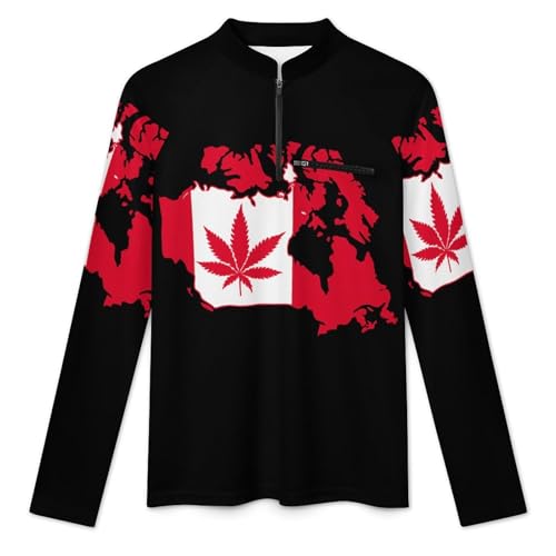 Marijuana Leaf on Canada Map Men's Rash Guard Long Sleeves Quick Dry Fishing Workout Shirts with Zipper3