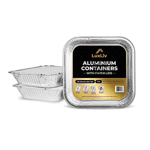 LuxLiv 500 ml aluminium trays with lids - Pack of 20 containers | Perfect for meals, cooking, storage and take-away | Disposable, easy-to-use trays