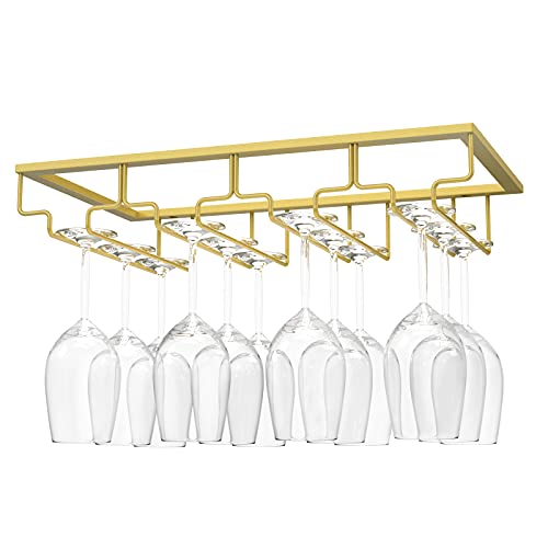 Nuovoware Soporte para Copas de Vino, Soporte para Colgar Copas de Vino Debajo del Gabinete para Cocina, Bar, Pub, Vidrio, Dorado, Almacenamiento para Barra de Gabinete de Cocina (4 Filas) - Oro