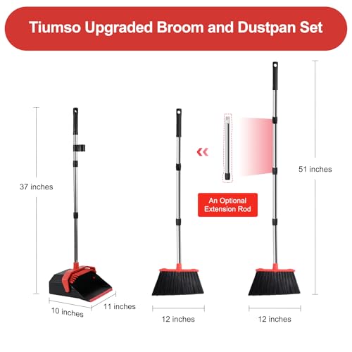 Image of Tiumso Upgrade Broom with Dustpan Combo Set, Broom and Dustpan Set with 51'' Long Handle, Dust Pan and Brooms, ZeroGap Lip, Self-Cleaning Dustpans Teeth for Lobby Kitchen Restaurant - Black and Red