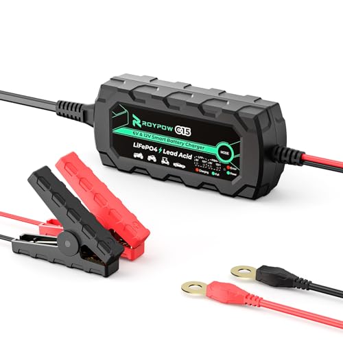 6V/12V 1A Lithium Battery Charger, RoyPow 1A Smart battery Chargers Automatic Trickle Battery chargers Battery Maintainer for Motorcycle, Car, ATVs, Lawn Mower, Lead Acid Batteries & Lithium Batteries