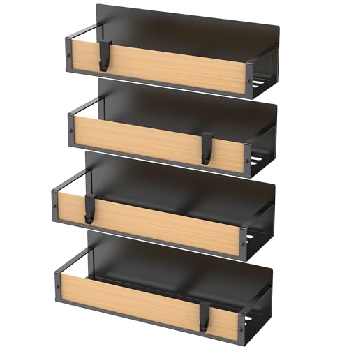 Image of HuggieGems 4 Pack Magnetic Spice Storage Rack Organizer for Refrigerator and Oven, Wood Fridge Organizers and Storage