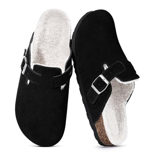 KIDMI Women's Fur Lined Suede Clogs Fuzzy Cork Footbed Mules Slip...