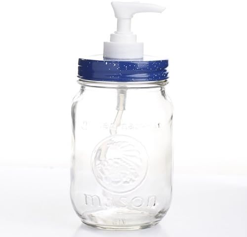 Factory Direct Craft Decorative Soap or Lotion Mason Jar Dispenser with Blue Speckleware Lid and White Plastic Pump