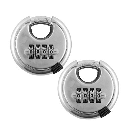 QWORK® Lot de 2 Cadenas Rond, Combinaison avec 4 chiffres, Disque Extérieur Rond Robuste pour entrepôt, abris de stockage, en acier inoxydable