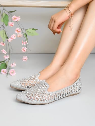 Image of XE Looks Elegant Rhinestone Studded Bellies | Hexagonal Cutout Pattern | Chic & Comfortable Slip-On Bellies For Girls & Womens
