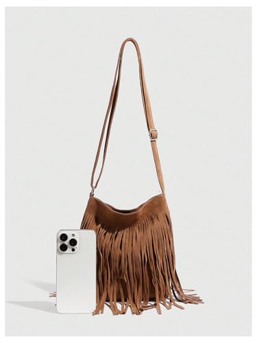 MakeMeChic Women's Faux Suede Crossbody Bag Fringe Adjustable Strap Vintage Handbag3