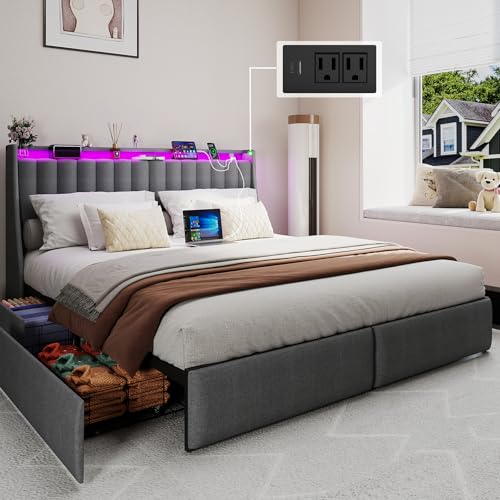 Full Size Bed Frame with Headboard and 2 Storage Drawers, Upholstered Wingback Full Size Platform Bed Frame with Charging Station & LED, Noise Free, No Box Spring Needed, Easy Assembly, Gray