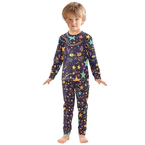 Fustylead Vibrant Colorful Halloween Black Cat and Stars Pajamas Cotton Sleepover PJ Set Long Sleeve Lounge Wear3