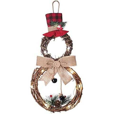 YQing Weihnachten LED Schneemann Kranz, 40.6cm x 21.5cm Holzdeko Schneemann Weihnachten Kranz Türgirlande mit Hut und Bogen Schneemannformkranz für Haustürhaus Wanddekoration Cover