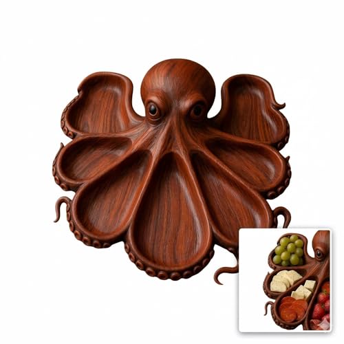 Octopus Charcuterie Board - Unique Wooden Serving Tray 8 Compartment Cheese Board - Dark Brown Wood