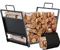 FEED GARDEN 18 Inch Small Firewood Rack Indoor with Canvas Log Carrier, Firewood Holder for Outdoor Wood Storage,Heavy Duty Iron Fireplace Log Holder, Black