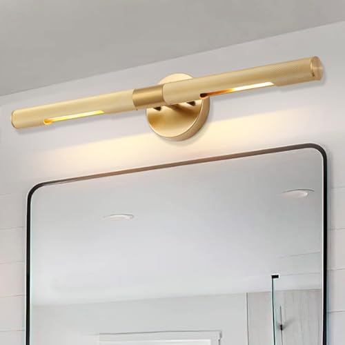 Image of Brushed Brass Picture Light 24 inches Modern Gold Wall Sconce with Knurled Texture Cylinder Metal Shades Rotatable 360Indoor Wall Lighting Fixture Bathroom Vanity Light Bedroom Living Room