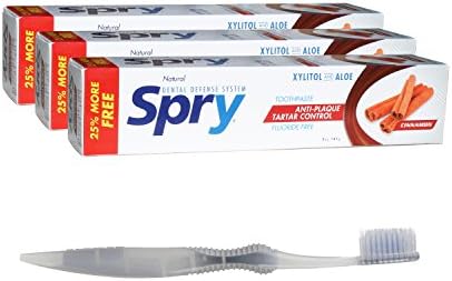 Spry Xylitol Toothpaste Cinnamon (3-Pack) Non-Fluoride Bundle with SoFresh Flossing Toothbrush (1)