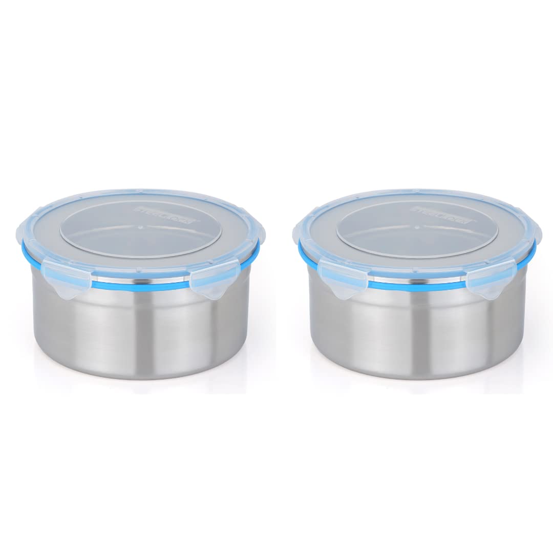 STEELLOCK Stainless Steel Container/Dabba with 4 Side Clip Lock see through Lid for Office & School Use/Food Grade/Air Tight/Easy to Carry/Leak Proof (SL-1502-2pcs X 1950 ml, Blue)