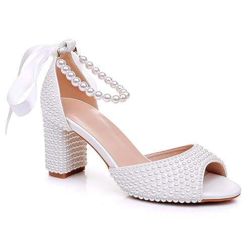 Image of Goolita Pearl Heels For Women Mid Block Ankle Strap Heeled Sandals Round Open Toe Party Evening Bridal Shoes For Wedding
