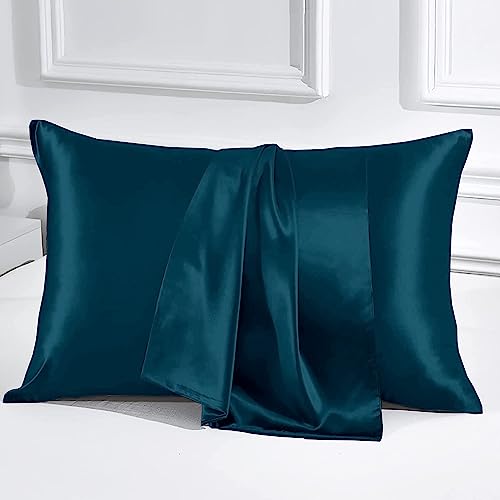 Image of Luxury Silk Satin Pillow Cover Standard Size 18 x 28 - Romantic Pillow Cover Set for Bedroom | Bridal Wedding Soft Luxury Bedding | Teal, Pillow Covers (18 x 28)