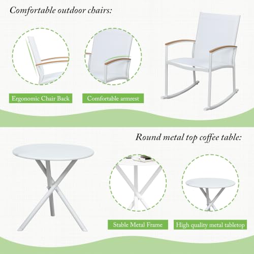 Image of Shintenchi 3 Pieces Patio Rocking Bistro Sets,Outdoor Textilene Fabric Conversation Bistro Set,Front Porch Rocker Chairs Small Patio Furniture Set with Table for Lawn,Garden,Balcony(White)