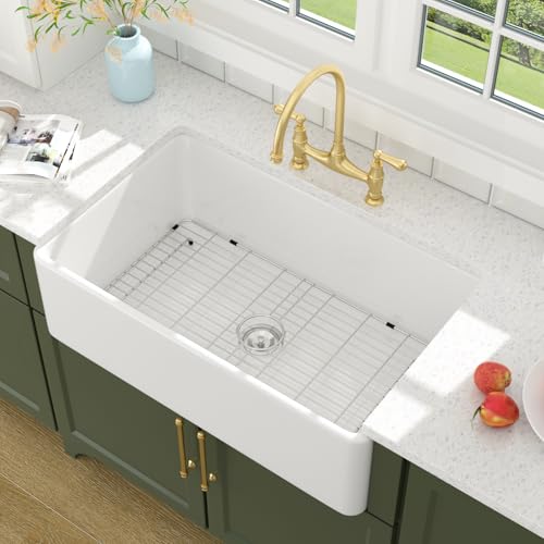 Lordear White Farmhouse Sink 33 Inch Apron Front Reversible Solid