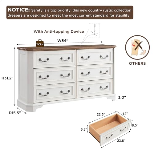 T4TREAM-Farmhouse-6-Drawers-Dresser-for-Bedroom-54-Wide-Wood-Rustic-Chest-of-Drawers-with-Natural-Texture-Vintage-Design-Storage-Dressers-Organizer-for-Bedroom-Living-Room-Antique-White T4TREAM Farmhouse 6 Drawers Dresser for Bedroom 54 Wide Wood Rustic Chest of Drawers with Natural Texture Vintage Design Storage Dressers Organizer for Bedroom Living Room Antique White