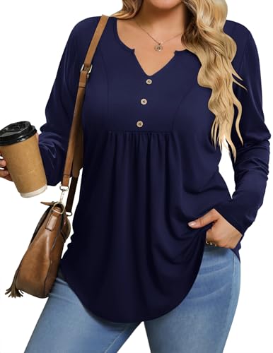 IN'VOLAND Long Sleeve Tunic Tops for Women Plus Size Fall Shirts V-neck Button Up Dressy Blouse Casual Pleated Pullover 1X Navy Blue