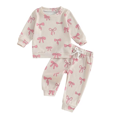 Image of Baby Girl Clothes Cute Bow Print Long Sleeve Sweatshirt Pants Set Waffle Knit Toddler Spring Fall Outfit