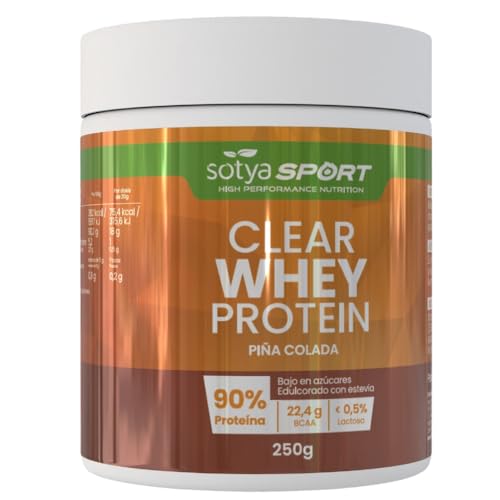 SOTYA CLEAR WHEY PROTEIN Aislado de Proteína de Suero de Leche. 90% Proteina en Polvo Baja en Azucares y Lactosa, Sabores Únicos para Deportistas, Recuperación Muscular (250gr (1 unidad), Piña Colada)