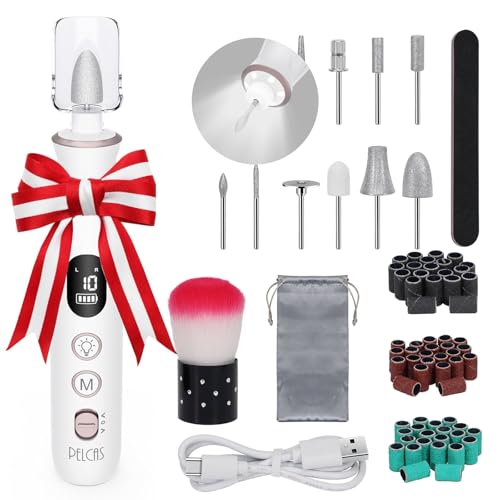 PELCAS Electric Nail File, 10 Speeds Cordless Nail Drill with LED Light, Portable Manicure and Pedicure Kit, Nail Grinder with LCD Screen for Human, Pet, Thick Toenails, Natural & Acrylic Na