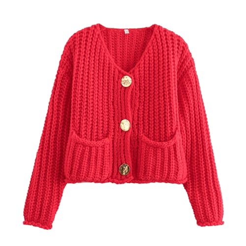 FindThy Women’s Cropped Knit Cardigan Long Sleeve Crewneck Button Down Fall Sweater with Pockets