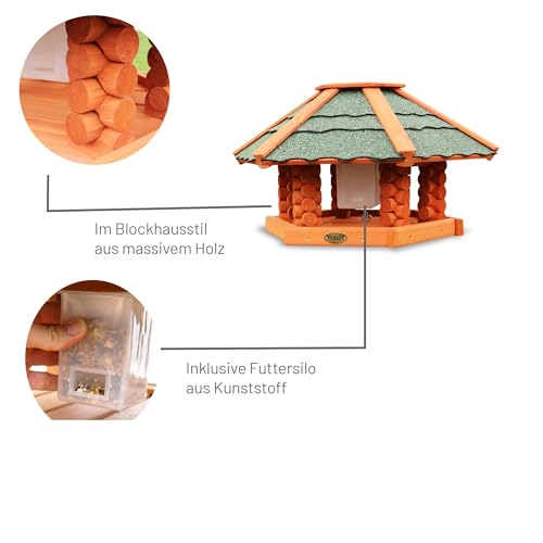 HABAU Vogelhaus mit Futtersilo und Ständer | Futterhaus für Wildvögel montiert | Silo aus Kunststoff | Sechseckiges Haus für Wildvögel (Schweden)